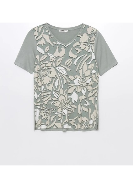 Lcw Grace Yeşil V Yaka Desenli Kısa Kollu Kadın Tişört