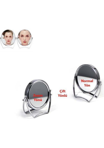 Çift Yönlü (Zoom ve Normal Yön) Katlanır Ayaklı Yuvarlak Küçük Metal Ayna, El Tıraş Makyaj vb. Aynası (1 ADET)
