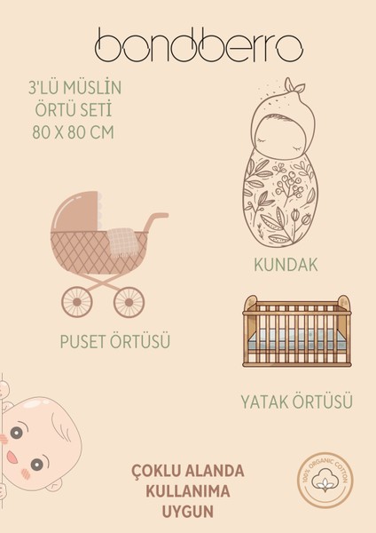 Çok Amaçlı Müslin Örtü & Battaniye 3'lü Set %100 Pamuk Oeko-Teks Sertifikalı 80X80 cm fiyatları