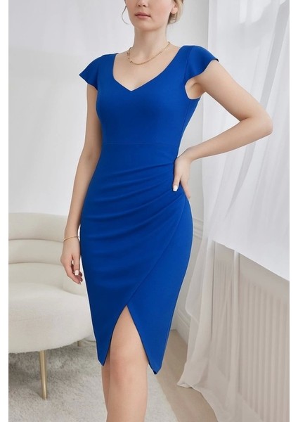 Kadın Kısa Kollu Kalp Yaka Yanlardan Büzgü Detay Midi Janjan Krep Elbise