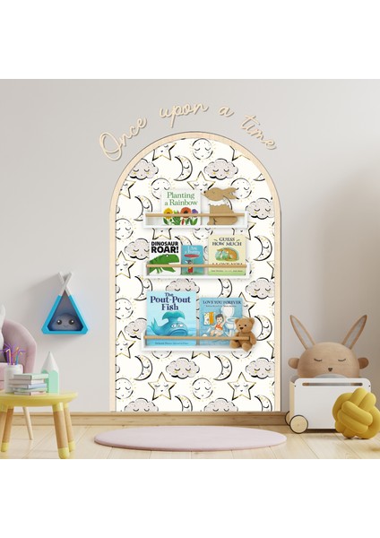 Çocuk-Bebek Odası Dekoru, Duvar Stickeri, Once upon a time Yapışkan Yazı, Çerçeve, Kitap Köşesi, Ay Yıldız Temalı
