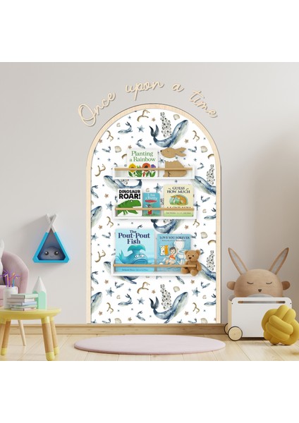 Çocuk-Bebek Odası Dekoru, Duvar Stickeri, Once upon a time Yapışkan Yazı, Çerçeve, Kitap Köşesi, Renkli Balina Temalı