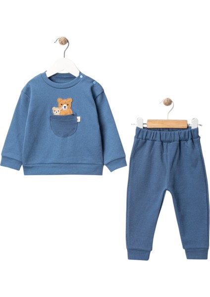 Iki Ip Waffle Ayı Nakışlı Cepli Erkek Bebek Takım