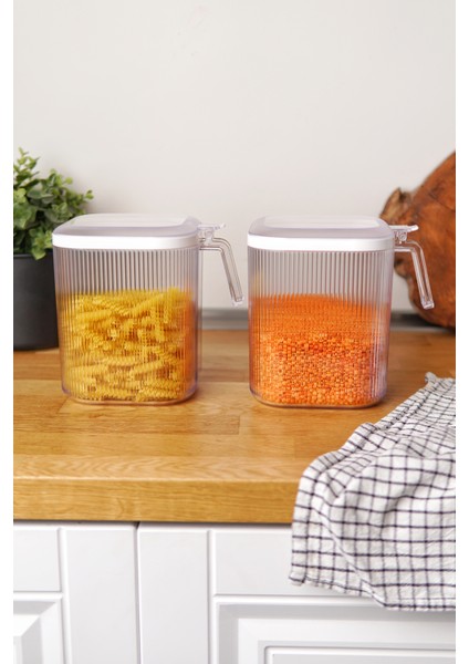 Kulplu Kapaklı Erzak Saklama Kabı 2,5 Lt - Hava Geçirmez Kapaklı Saklama Kabı 2'li Set, Şeffaf