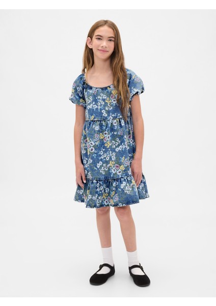 Kız Çocuk Çiçek Desenli Denim Puff-Sleeve Elbise