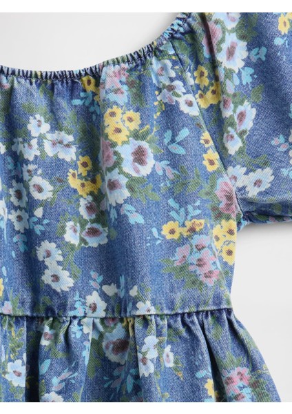 Kız Çocuk Çiçek Desenli Denim Puff-Sleeve Elbise fiyatları