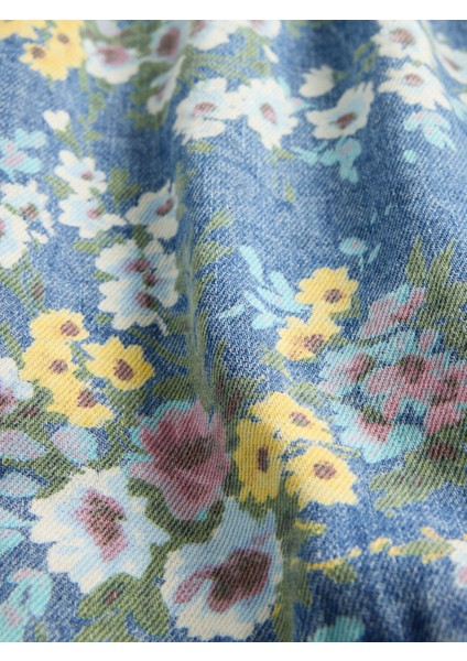 Kız Çocuk Çiçek Desenli Denim Puff-Sleeve Elbise modelleri