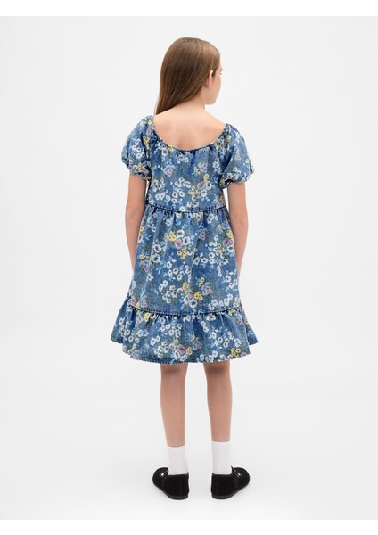 Kız Çocuk Çiçek Desenli Denim Puff-Sleeve Elbise fırsatları