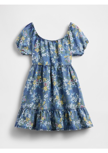 Kız Çocuk Çiçek Desenli Denim Puff-Sleeve Elbise indirimleri