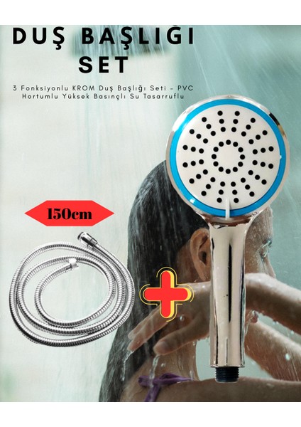 3 Fonksiyonlu Krom Duş Başlığı Seti – Pvc Hortumlu Yüksek Basınçlı Su Tasarruflu