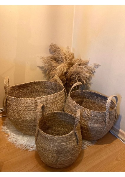 3'lü Kulplu Tombul Hasır Sepet / Saksılık / Düzenleyici fırsatları