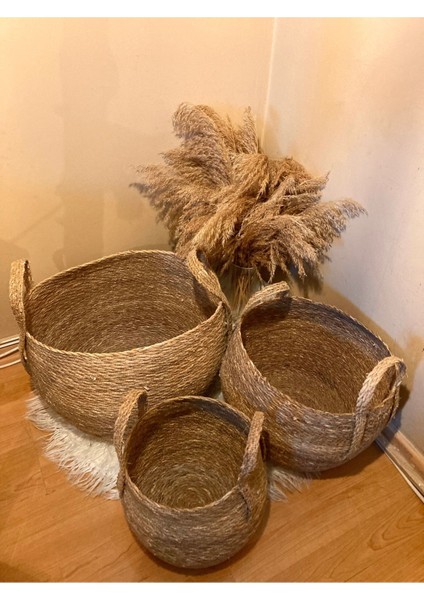 3'lü Kulplu Tombul Hasır Sepet / Saksılık / Düzenleyici indirimleri