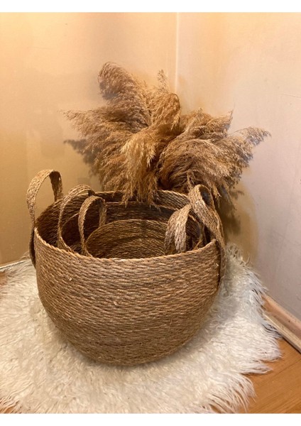 3'lü Kulplu Tombul Hasır Sepet / Saksılık / Düzenleyici