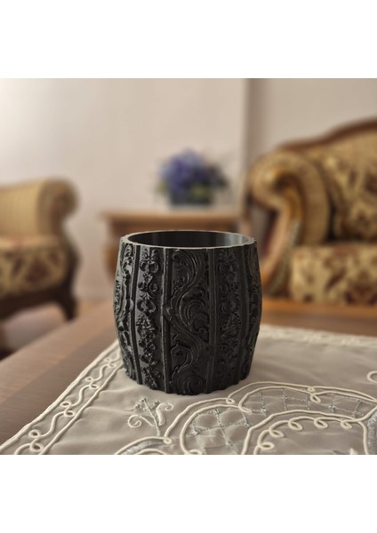 Modern Işlemeli Dekoratif Saksı - Siyah Petg - Iç Mekan ve Dış Mekan Kullanımına Uygun