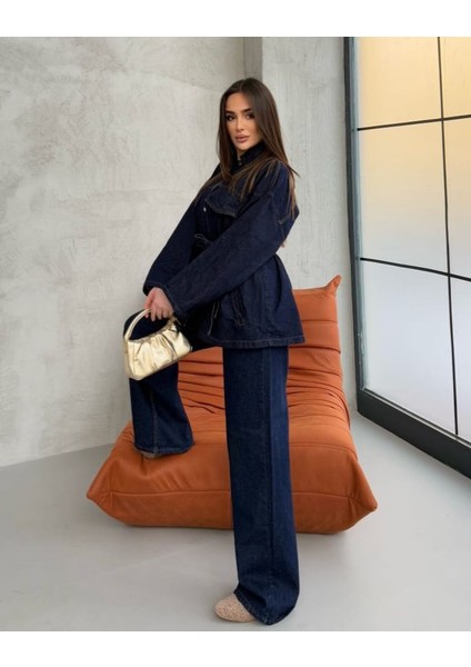 Yeni Sezon Koyu Lacivert Kuşak Detaylı Denim Ceket Pantolon Takım fırsatları