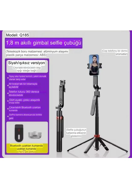 15 Uyumlu Akıllı Gimbal Selfie Çubuğu 1.8m Tripod Otomatik Yüz Takibi