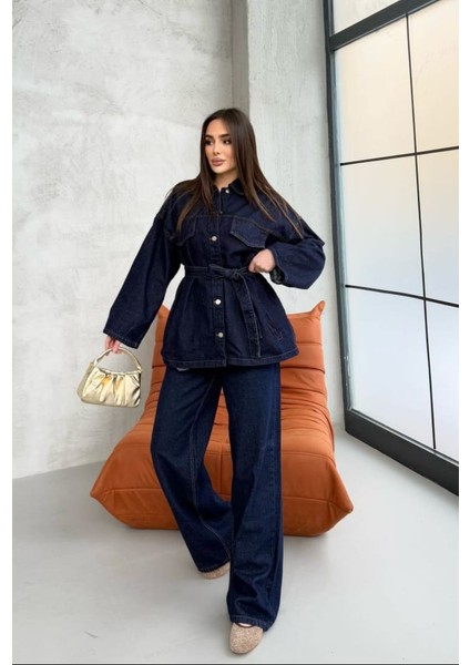 Yeni Sezon Koyu Lacivert Kuşak Detaylı Denim Ceket Pantolon Takım