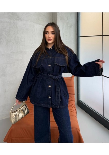 Yeni Sezon Koyu Lacivert Kuşak Detaylı Denim Ceket Pantolon Takım fiyatları