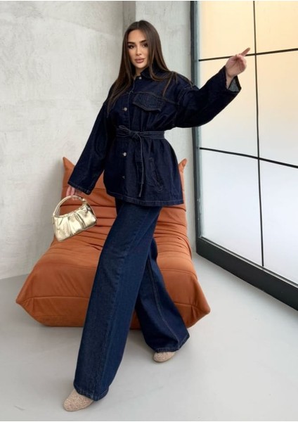 Yeni Sezon Koyu Lacivert Kuşak Detaylı Denim Ceket Pantolon Takım modelleri