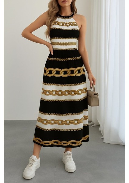 Kadın Kolsuz Boyundan Bağlamalı Beli Lastikli Dijital Baskı Süprem Uzun Elbise