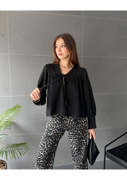 Yakası Bağlamalı Basic Müslin Bluz modelleri