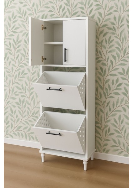 Kirli Sepetli 3 Kapaklı 2 Raflı Çok Amaçlı Ahşap Banyo Dolabı, Banyo Düzenleyici Çamaşır Sepeti