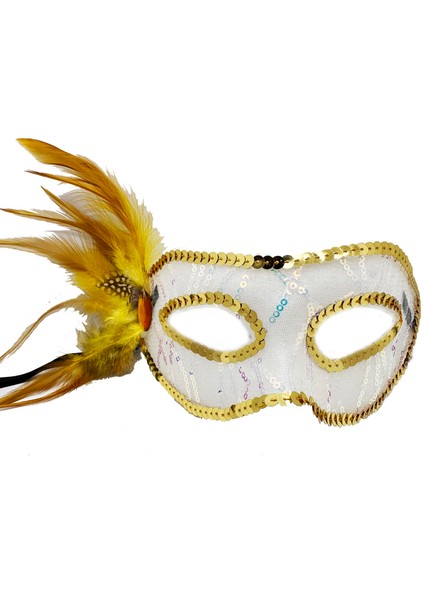 Altın Renk Yandan Tüylü Pul Payet Işlemeli Parti Maskesi 23X12 cm (4915) modelleri