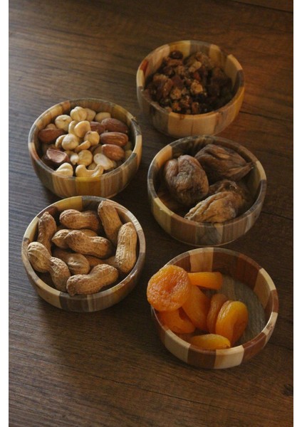 5'li Ahşap Çerez Kase Seti Ağaç Renkli Tasarımlı