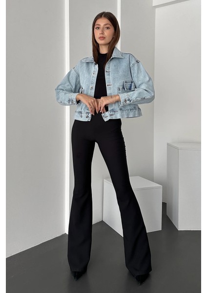 Çift Cep Beli Düğme Detaylı Denim Ceket modelleri