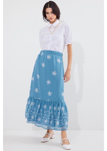 Kadın BDART Çiçek Desenli Maxi Etek Blue