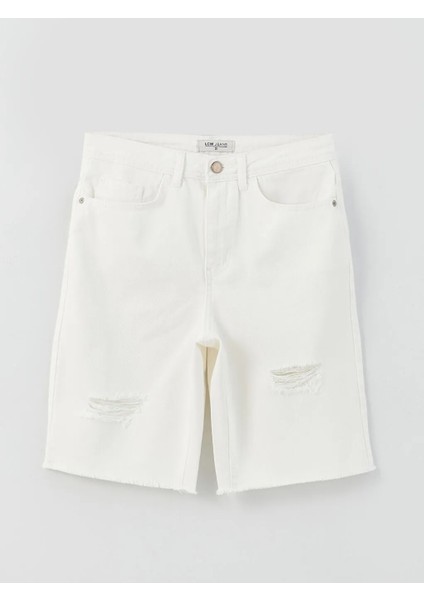 Lcw Jeans Ekru Bermuda Fit Yırtık Detaylı Kadın Jean Şort