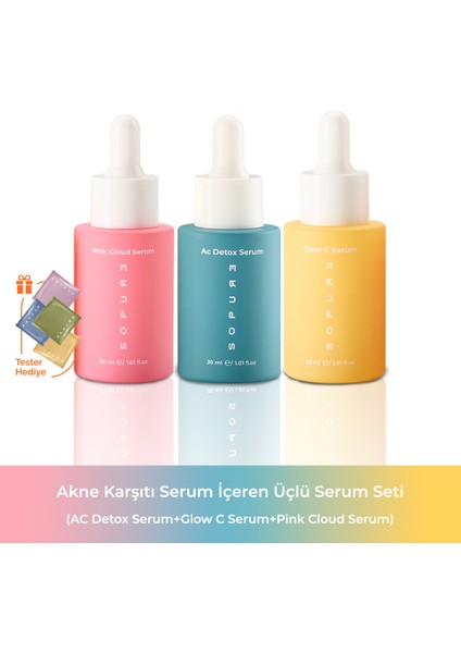 Akne Karşıtı Serum Içeren Üçlü Serum Seti (Ac Detox Serum+Glow C Serum+Pink Cloud Serum) (151618)