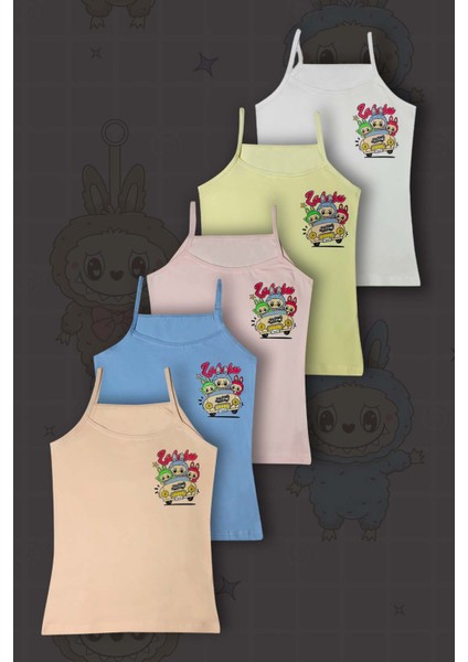 5'li Labubu Baskılı Pamuklu Kız Çocuk Atlet