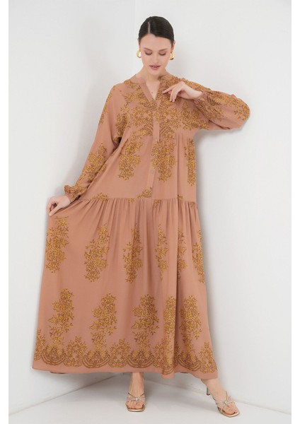Kadın BDART Düğmeli V Yaka Desenli Maxi Elbise Yellow fırsatları