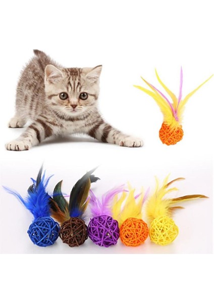 2li Rattan Renkli Peluş Tüy Kedi Köpek Oyuncak Yakalama Çiğneme Çıngıraklı Top Oyuncağı (5250)