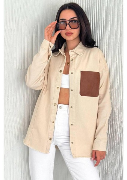 Kadın Püskül Detaylı Renk Bloklu Oversize Kot Gömlek – Katmanlı Stil