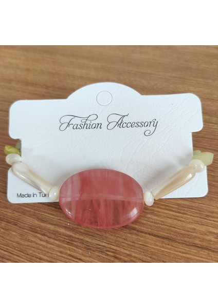 Pembe Kuvars Gül Taşı & Sedef Yan Taşlı El Yapımı Bileklik - 1043