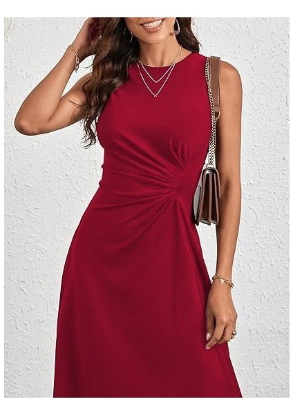 Kadın Sıfır Kollu Bisiklet Yaka Büzgülü Asimetrik Kesim Detaylı Janjan Krep Elbise