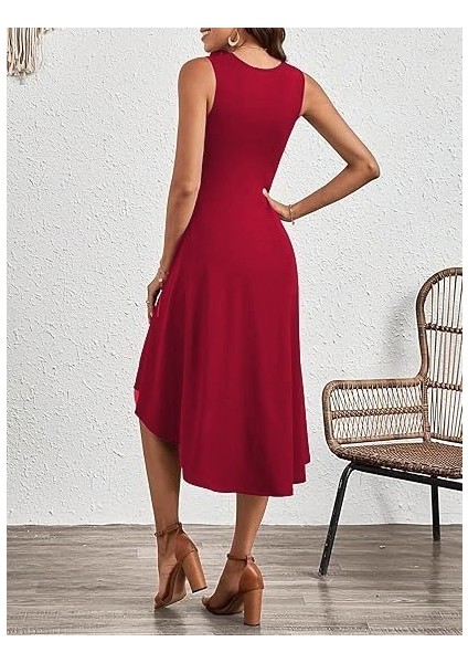 Kadın Sıfır Kollu Bisiklet Yaka Büzgülü Asimetrik Kesim Detaylı Janjan Krep Elbise