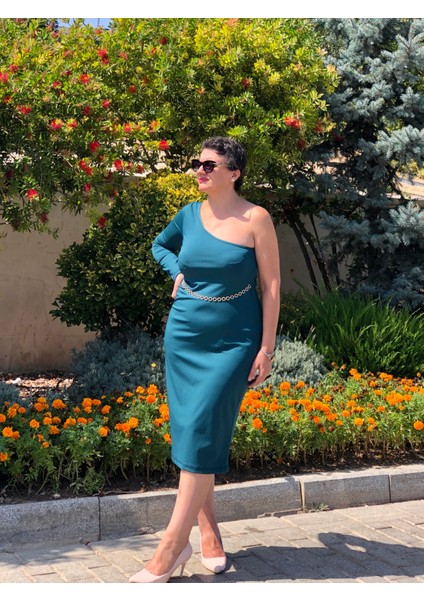 Tek Omuz Kemer Aksesuarlı Midi Boy Kalem Elbise fırsatları