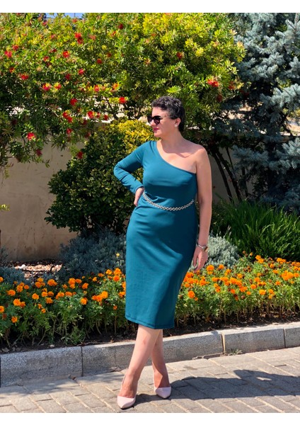 Tek Omuz Kemer Aksesuarlı Midi Boy Kalem Elbise indirimleri