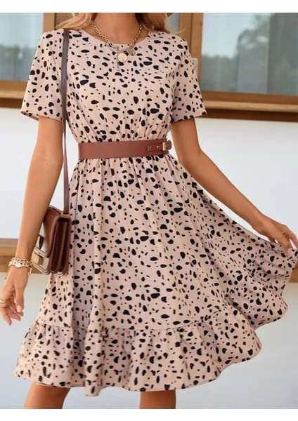 Kadın Kısa Kollu Bisiklet Yaka Desenli Süprem Elbise