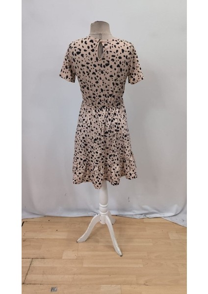 Kadın Kısa Kollu Bisiklet Yaka Desenli Süprem Elbise