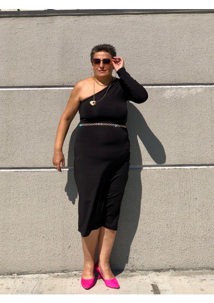 Tek Omuz Kemer Aksesuarlı Midi Boy Kalem Elbise fiyatları