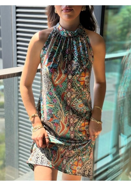 Kadın Kolsuz Boyundan Askılı Desenli Midi Süprem Elbise fiyatları