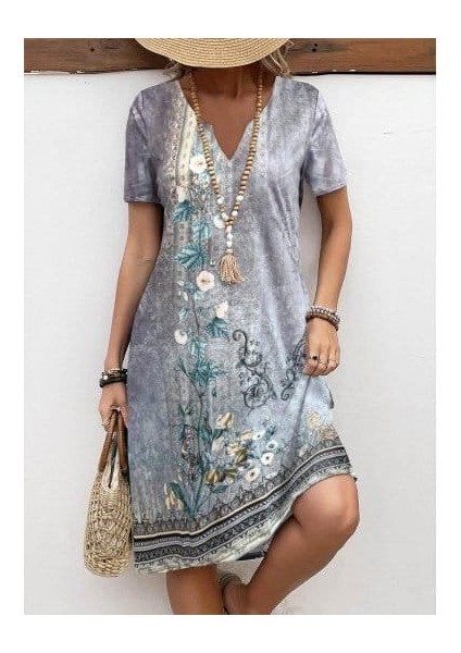 Kadın Kısa Kollu V Yakalı Desenli Süprem Elbise