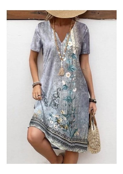 Kadın Kısa Kollu V Yakalı Desenli Süprem Elbise modelleri