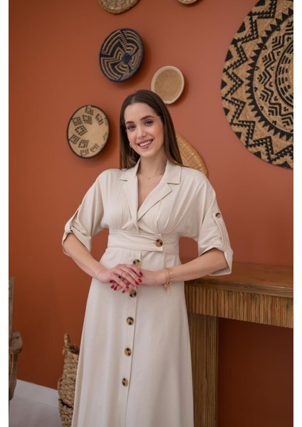 Bej Düğmeli Keten Elbise fırsatları