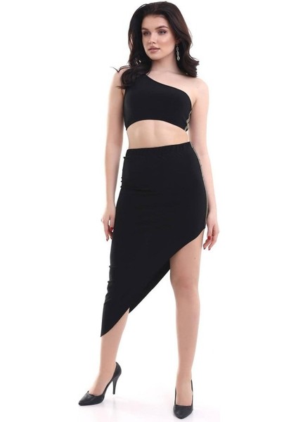 Kadın Tek Omuzlu Asimetrik Etek Şerit Detaylı Fırsat Ürün Sandy Kumaş Ikili Takım fırsatları