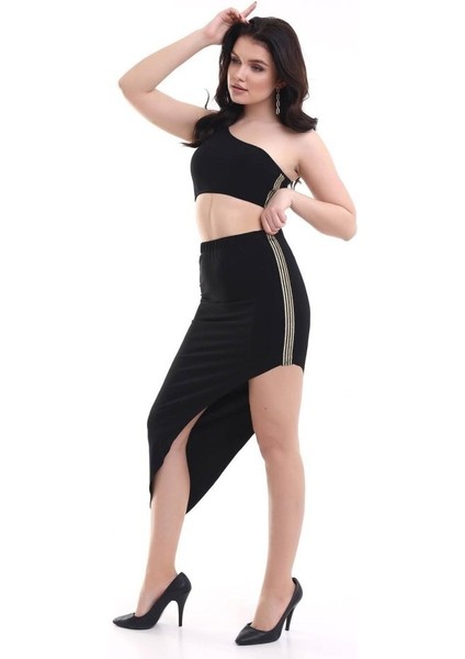 Kadın Tek Omuzlu Asimetrik Etek Şerit Detaylı Fırsat Ürün Sandy Kumaş Ikili Takım